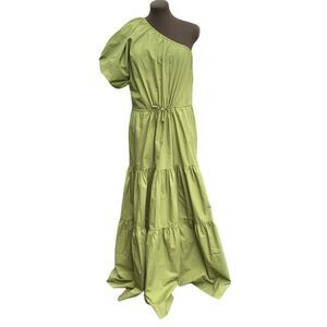 SWF Anthropologie puff sleeve one shoulder maxi dress olive green agave size med
